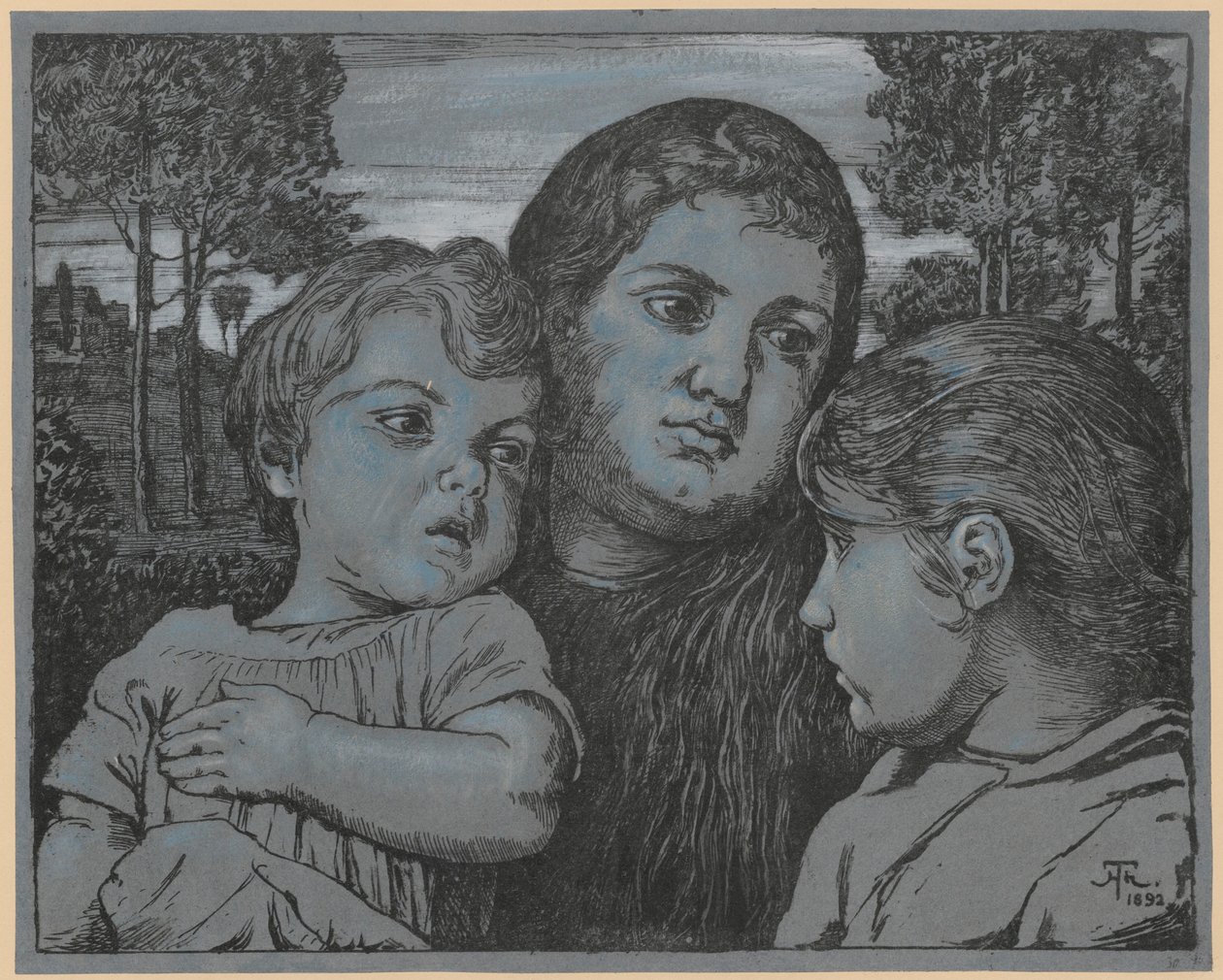 Retrato de la esposa del artista, Celli, con dos niños ante un paisaje de Hans Thoma