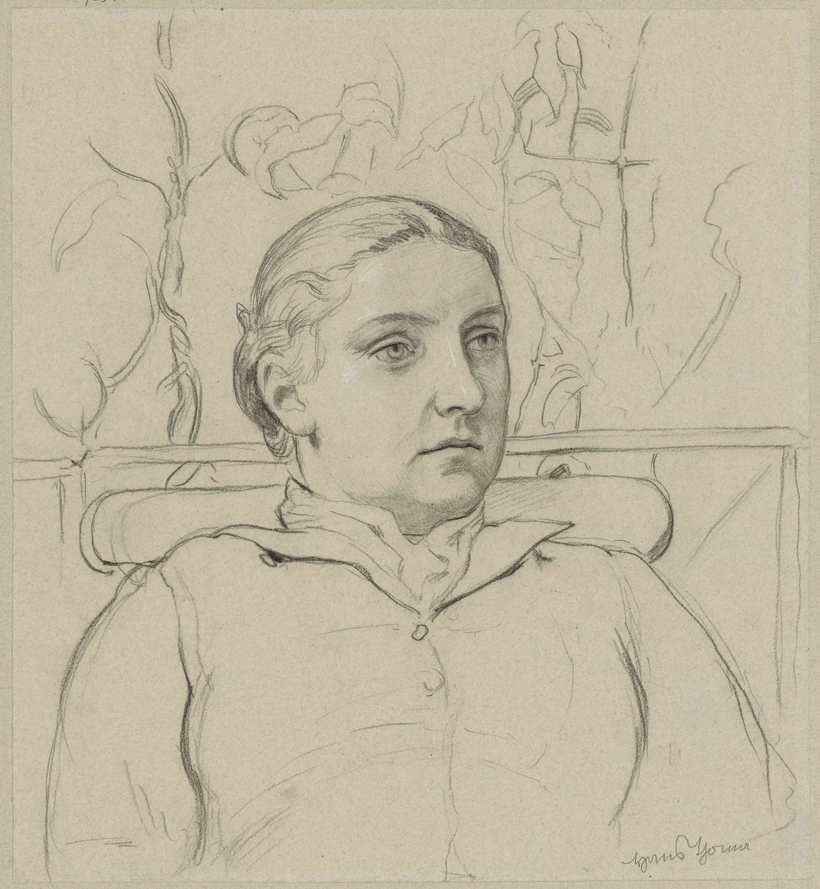 Retrato de la esposa del artista, representado en forma de busto, sentada en un banco con un fondo verde de Hans Thoma
