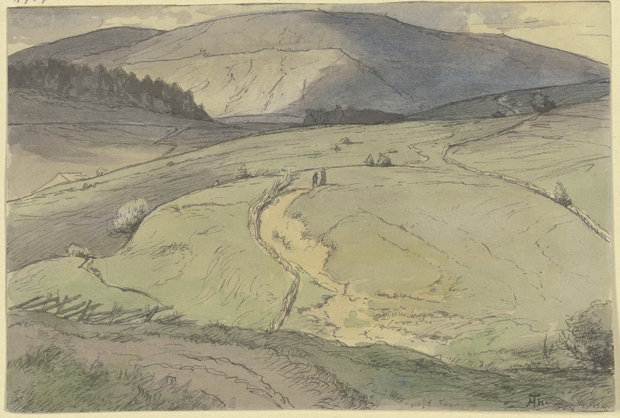 Paisaje de la Selva Negra, vista sobre prados ondulados hacia montañas más altas de Hans Thoma