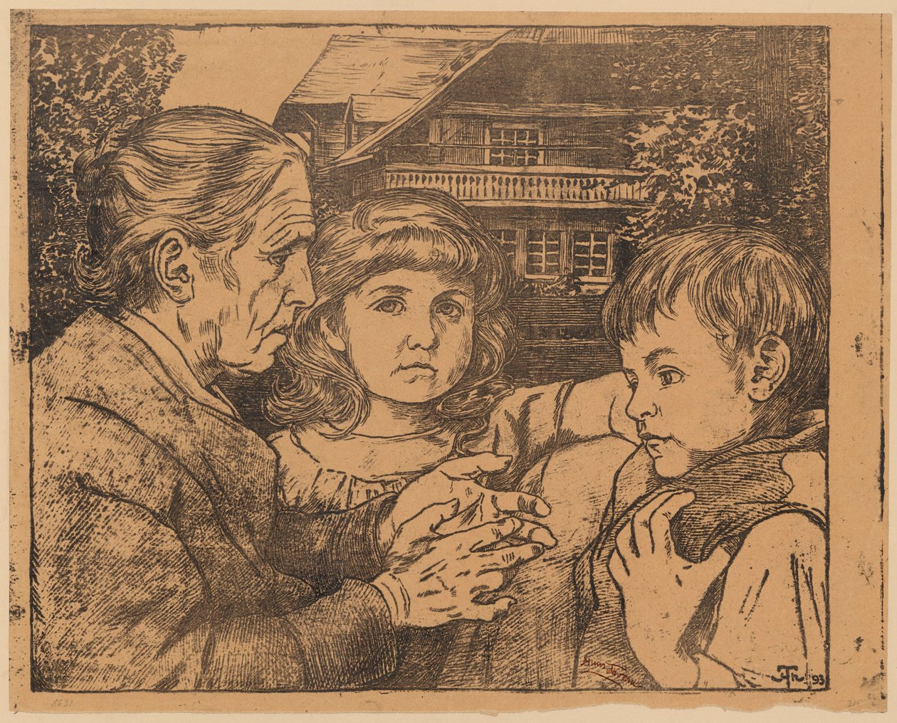 Una anciana contando cuentos a dos niños frente a una casa de la Selva Negra de Hans Thoma