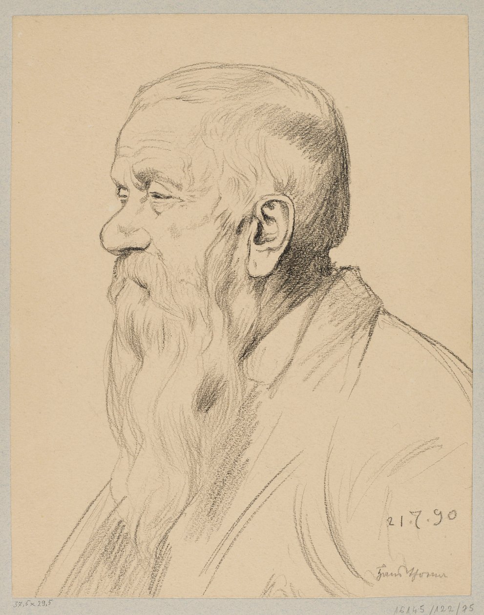 Un anciano con una larga barba, representado de perfil de Hans Thoma