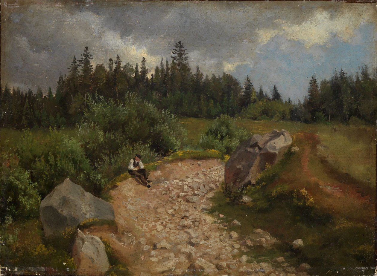 Camino pedregoso al borde del bosque con un hombre sentado de Hans Thoma