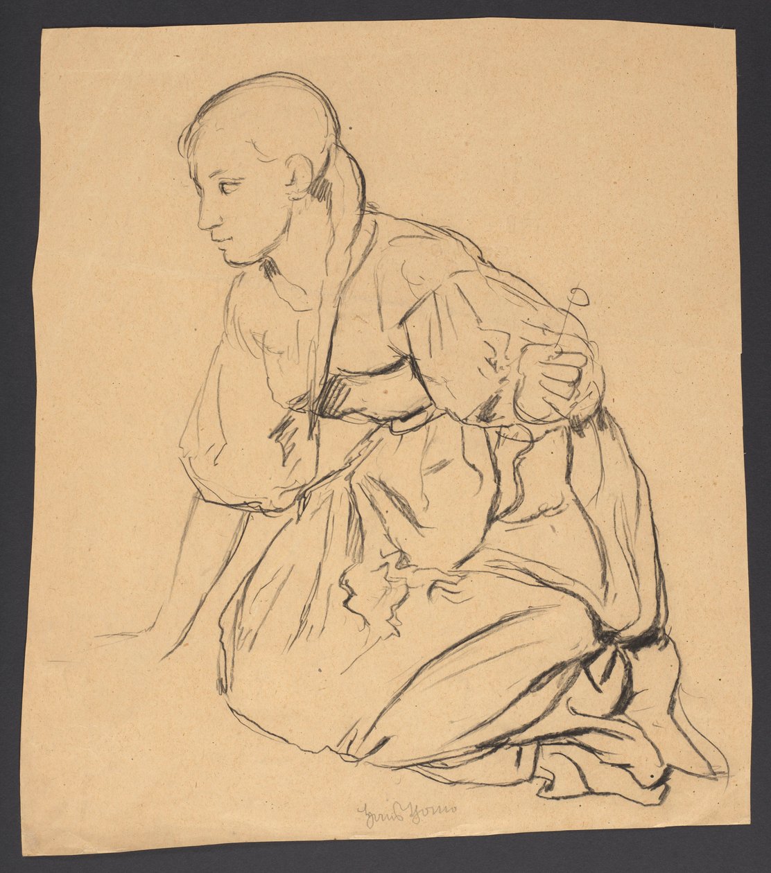 Studie eines Mädchens, das auf einer Wiese kniet de Hans Thoma