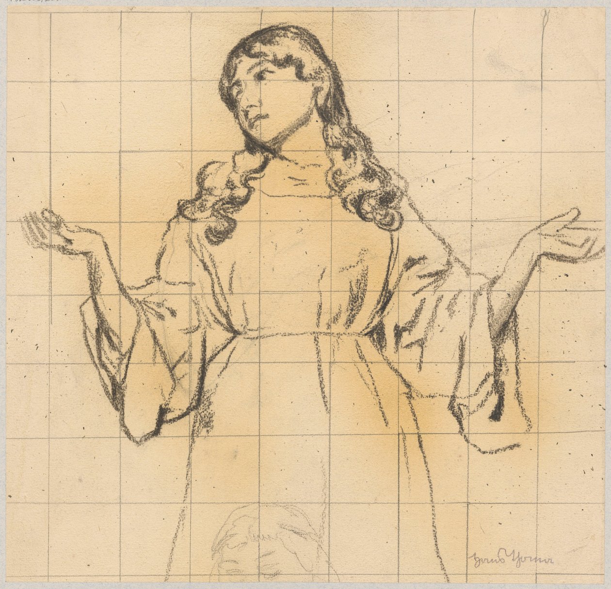 Estudio de una joven con un vestido holgado y los brazos en alto de Hans Thoma