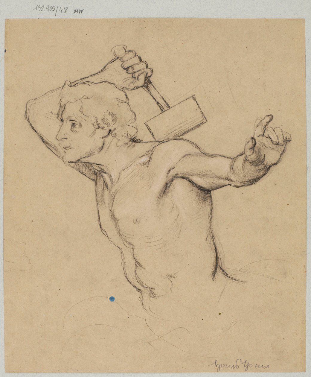 Estudio de un hombre desnudo, representado hasta la cintura, levantando un martillo de Hans Thoma