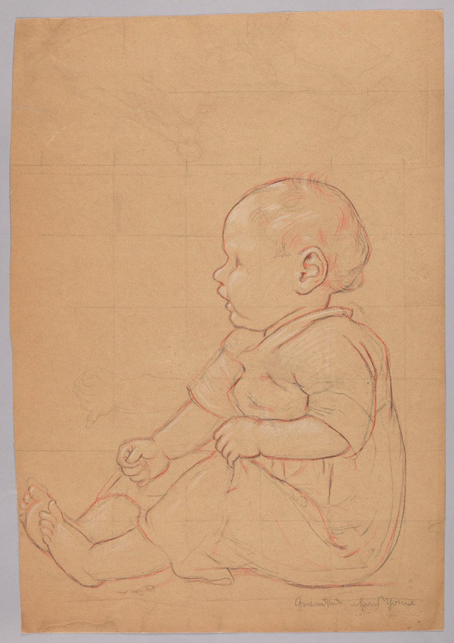 Estudio de un niño sentado, verso: un anciano sentado sobre una piedra de Hans Thoma