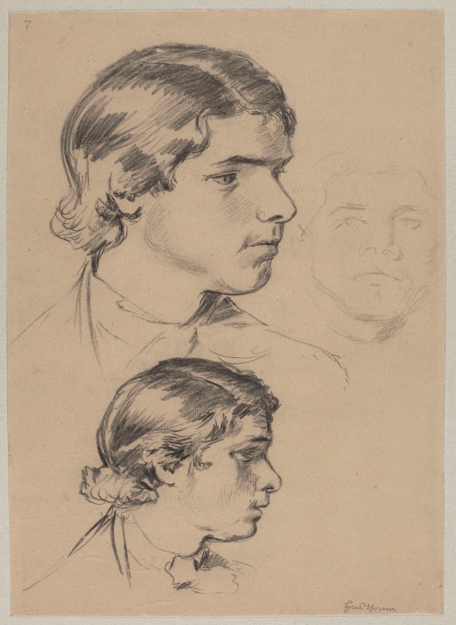 Tres estudios de la cabeza de un hombre joven de Hans Thoma
