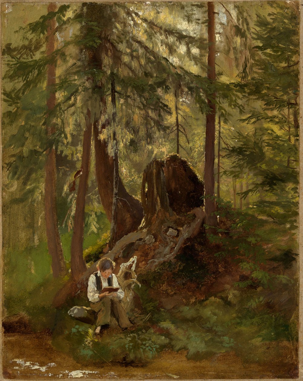 Interior de bosque con muchacho leyendo de Hans Thoma
