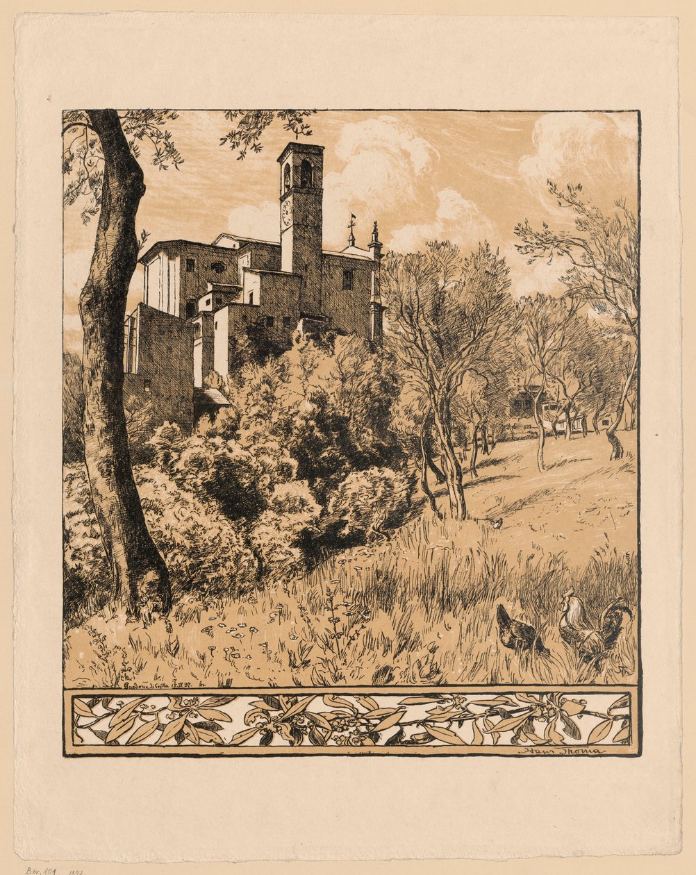 Vista de la iglesia de San Nicolás el Taumaturgo, situada en la colina de Gardone Riviera, a orillas del lago de Garda, en Lombardía, con un borde inferior decorado con motivos de ramitas de olivo. de Hans Thoma