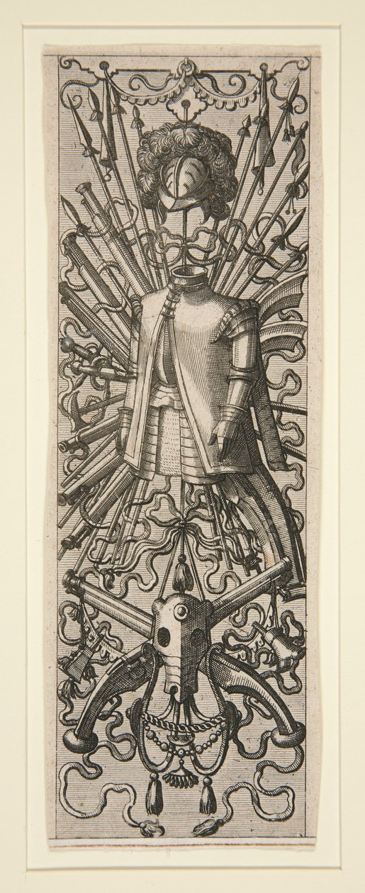 Una hoja de un conjunto de 16 decoraciones de paneles y cenefas con trofeos de Hans Vredeman de Vries