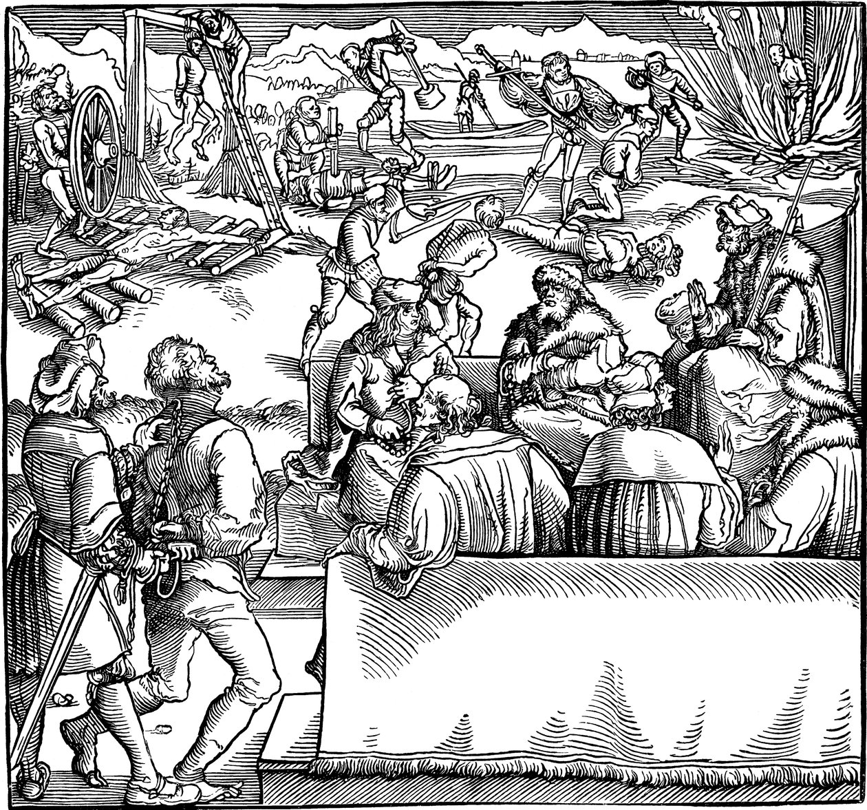 Sesión de la corte. Ilustración del libro Phisicke Against Fortune de Petrarca, 1532 de Hans Weiditz the Younger