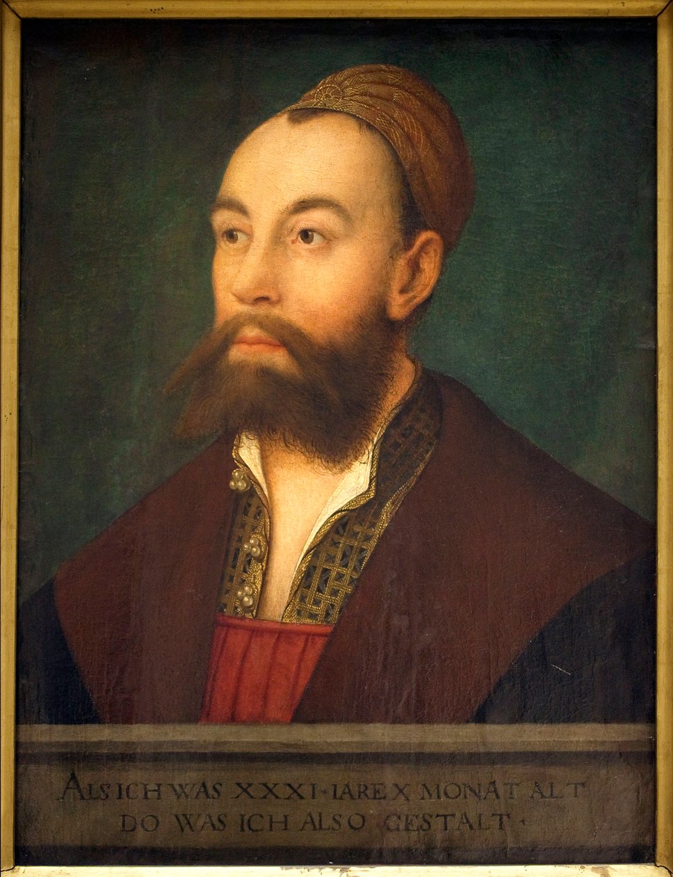 Retrato del banquero Anton Fugger (1493-1560) (en el texto: representado como era a la edad de 31 años y 10 meses) - Pintura de Hans Maler llamado de Schwaz (1480-1526 o 1529), óleo sobre lienzo, circa 1525 - Arte alemán del siglo XVI - Museo de Bellas Art de Hans or Johan Maler