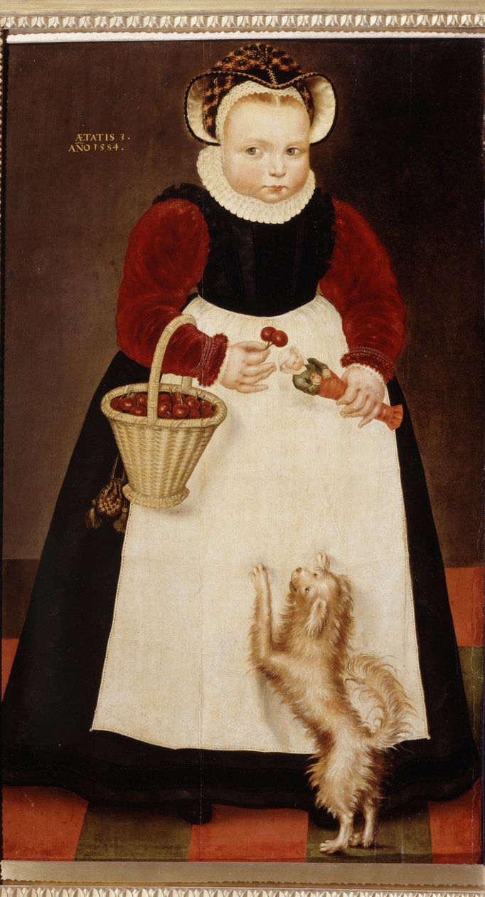 "Retrato de una joven con una cesta de cerezas y una muñequita Lleva un collar de fresas Pintura de Hans Bock el Viejo (ca. 1550-1623) 1584 Museo Pushkin, Moscú de Hans the Elder Bock