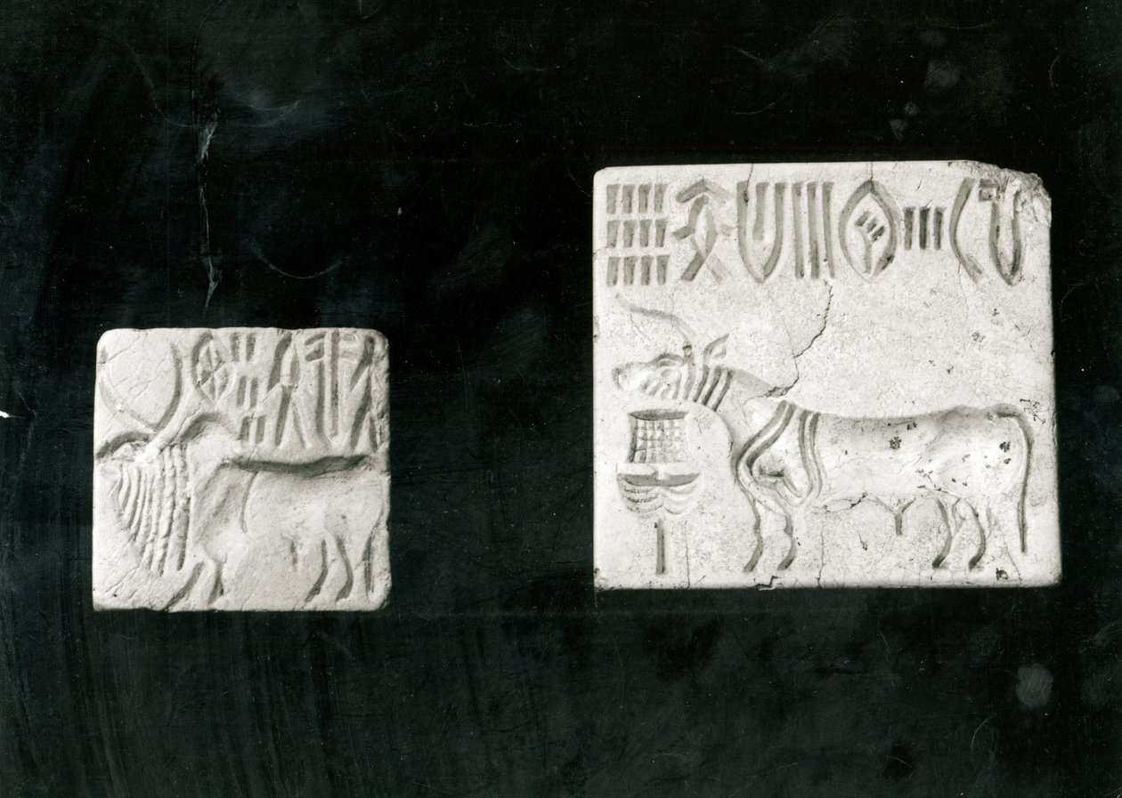 Dos sellos decorados que representan un cebú y un toro, de Mohenjodaro, Protohistórico de Harappan