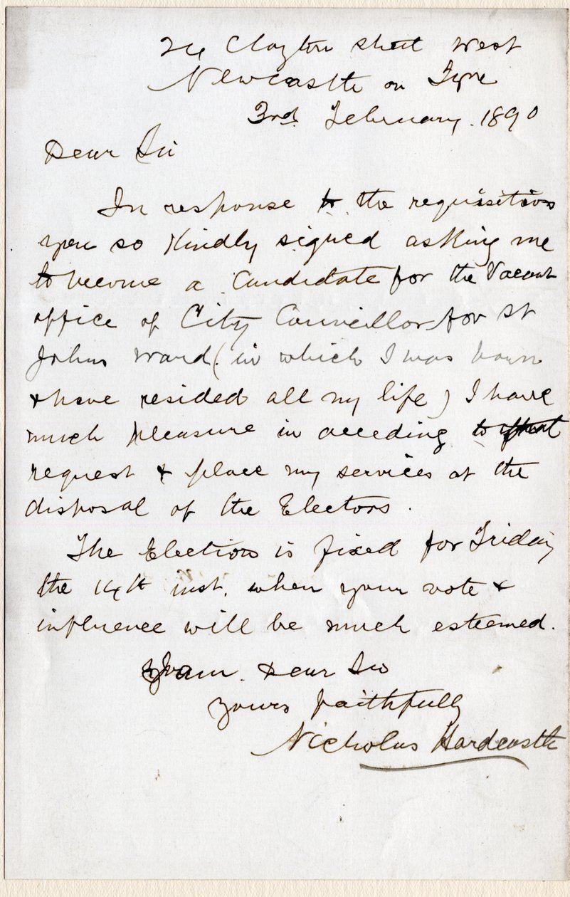Carta de Nicholas Hardcastle aceptando la invitación para ser concejal de la ciudad para el distrito de St John