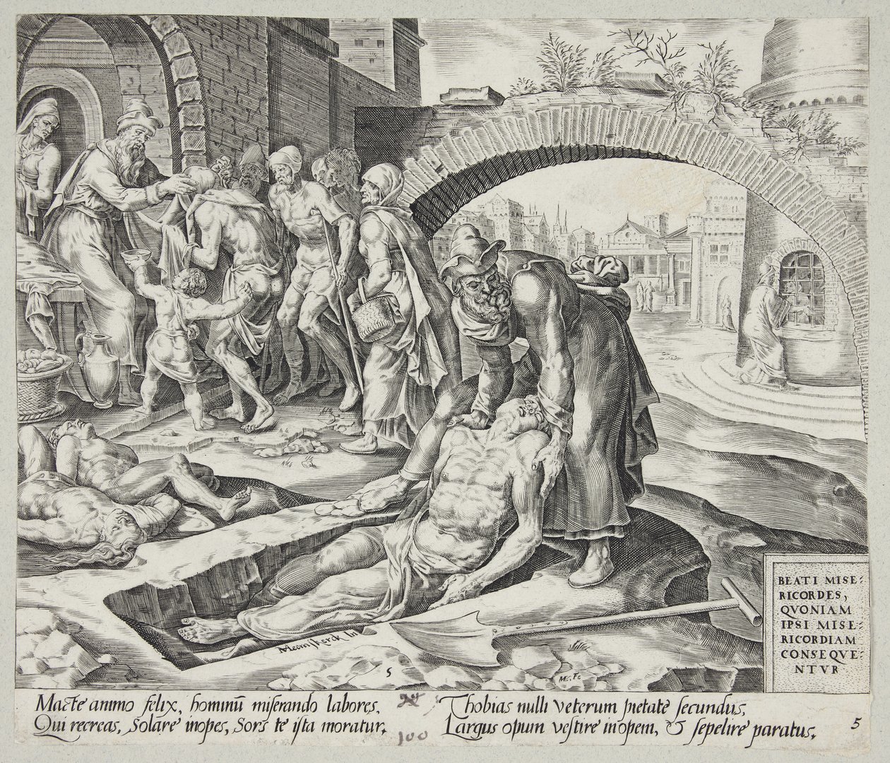 Bienaventurados los misericordiosos. Tobías enterrando a los muertos, vistiendo a los desnudos y alimentando a los hambrientos de Harmen Jansz. Muller