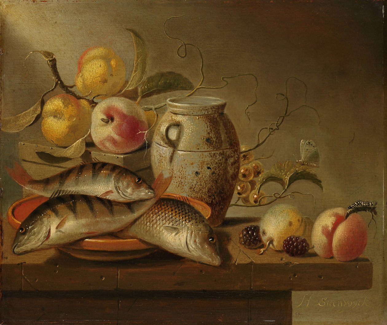 Bodegón con jarra de barro, pescado y fruta de Harmen Steenwijck