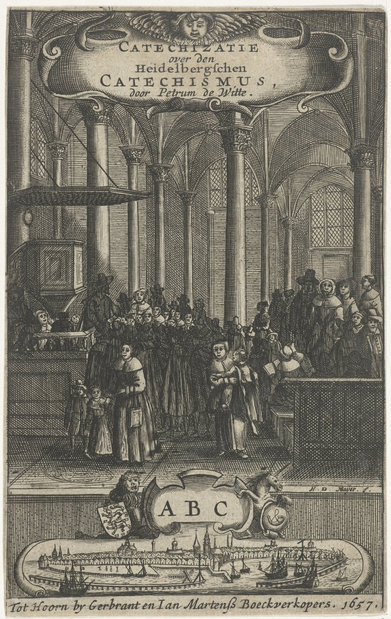 interior de la iglesia Página de título para: P. de Witte, Catecización sobre el catecismo de Heidelbergschen, 1657 de Harmen de Mayer