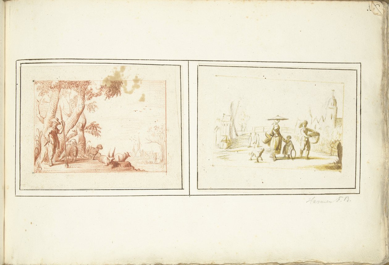 Pastor con su ganado y escena callejera de Harmen ter Borch (signed by artist)