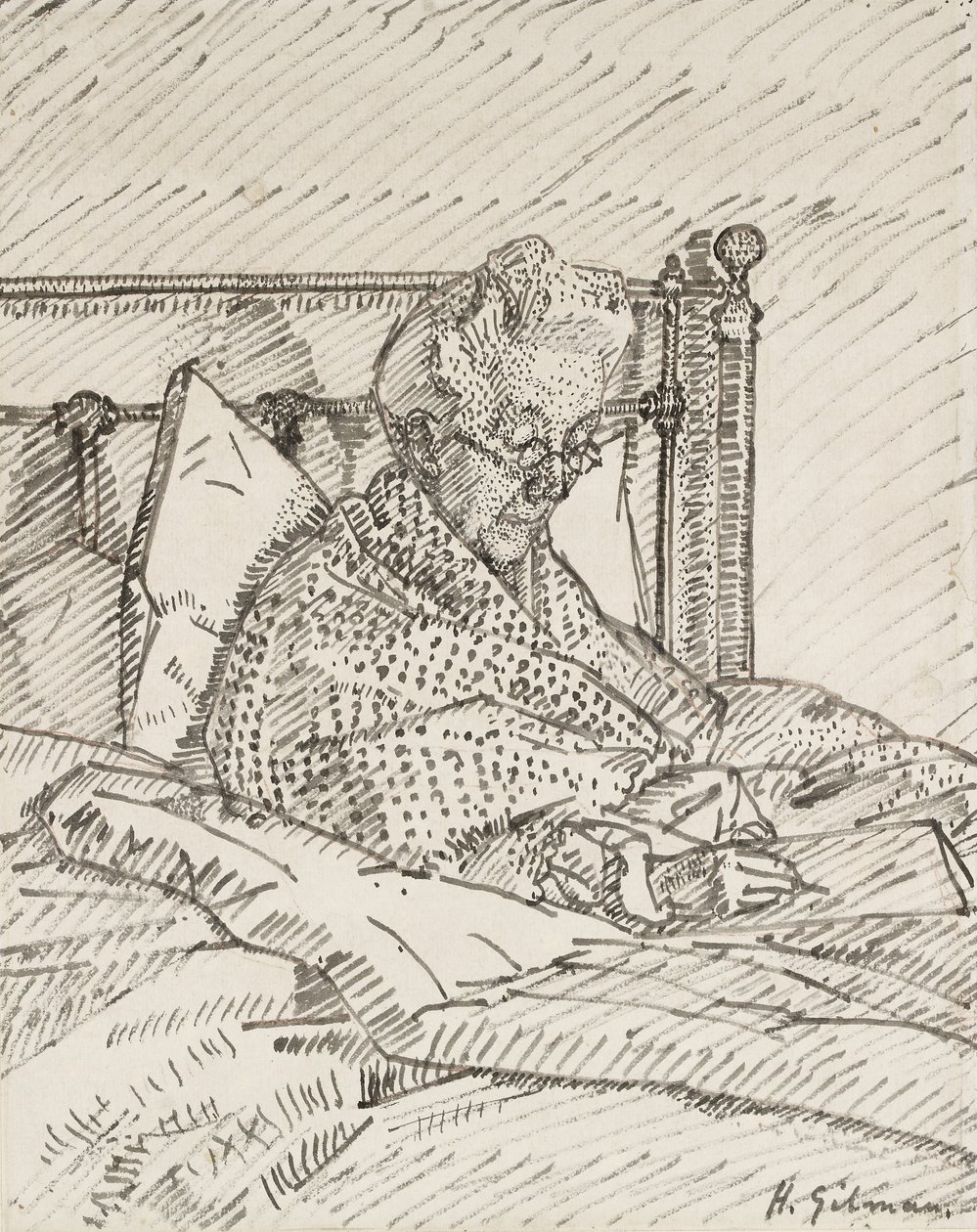 Retrato de la madre del artista escribiendo en la cama de Harold Gilman
