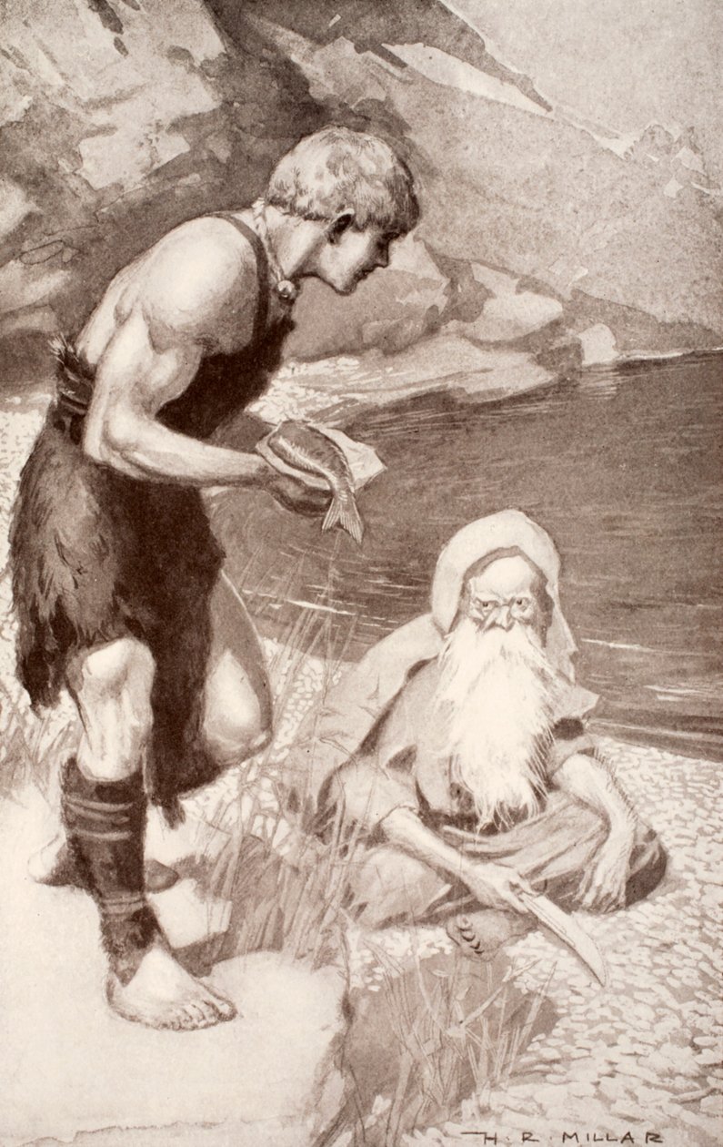 Finn encuentra el Salmón del Conocimiento, ilustración de 