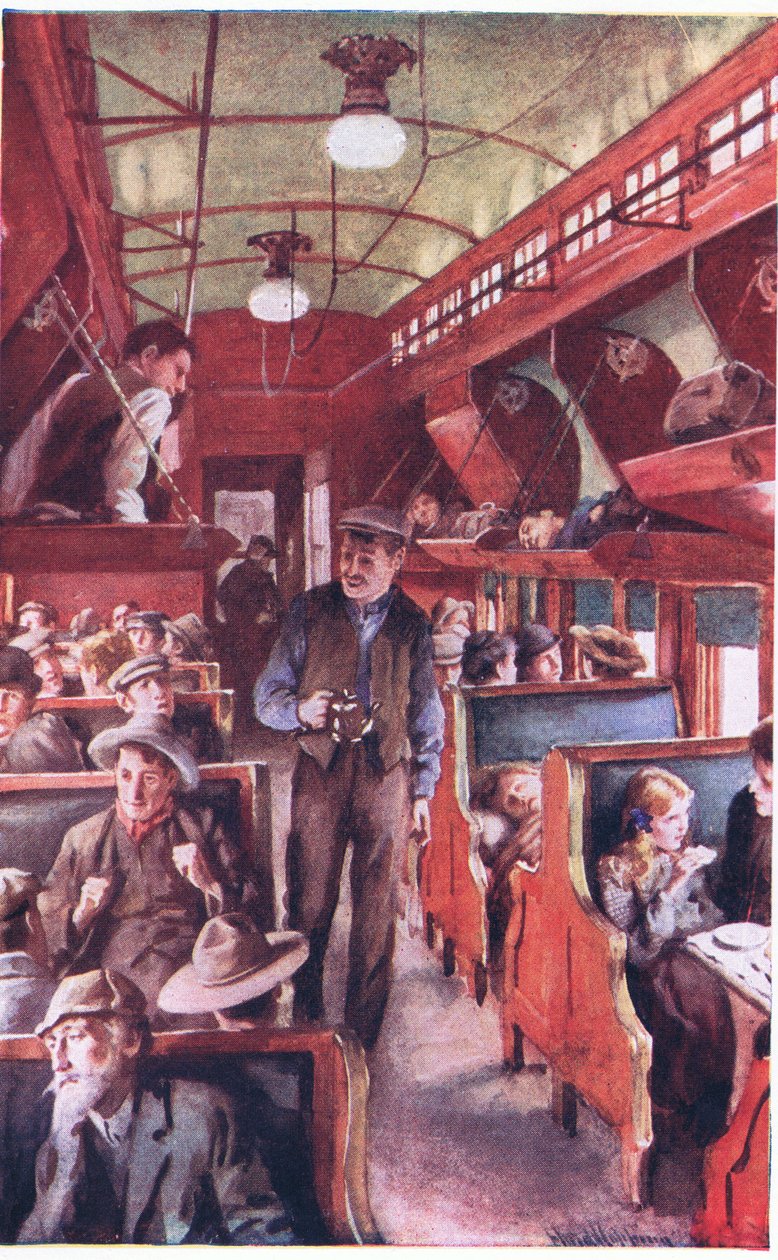 Interior de un tren de emigrantes canadienses c.1900 (litografía en color) de Harold Copping