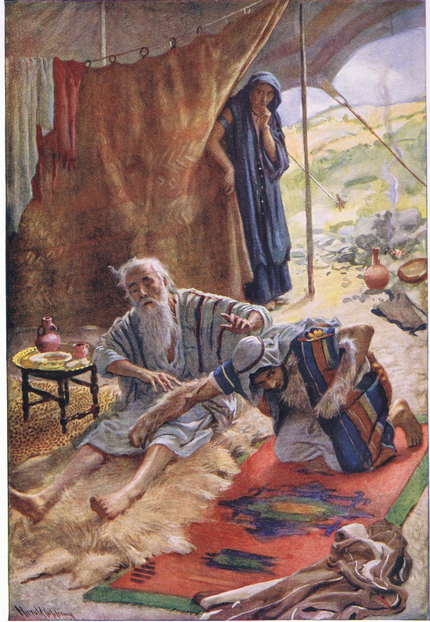 Isaac bendiciendo a su hijo Jacob, ilustración de Imágenes que Enseñan La Serie de la Corona, 1920 de Harold Copping