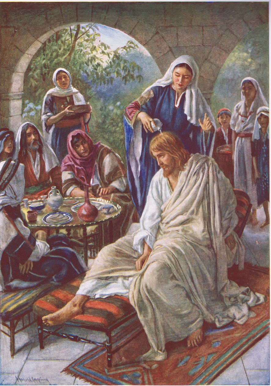 María ungiendo a Jesús, ilustración de Pictures That Teach The Crown Series, 1920 de Harold Copping