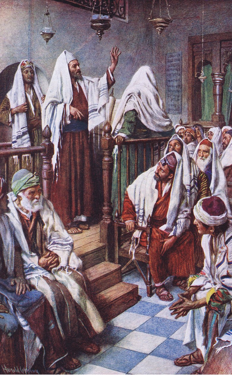 San Pablo predicando en la sinagoga de Antioquía, ilustración de Harold Copping Pictures: The Crown Series, c.1920s de Harold Copping