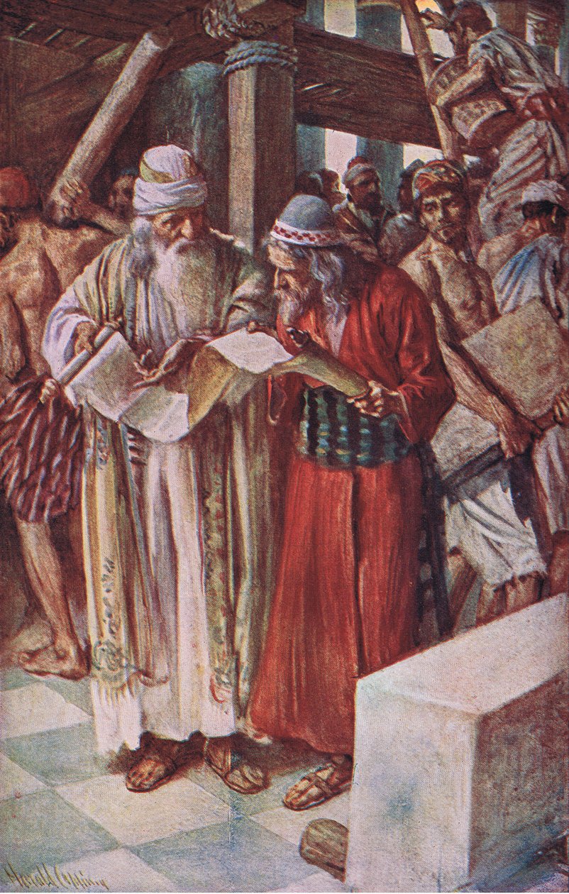 El hallazgo del libro, ilustración de Pictures That Teach The Crown Series, 1920 de Harold Copping