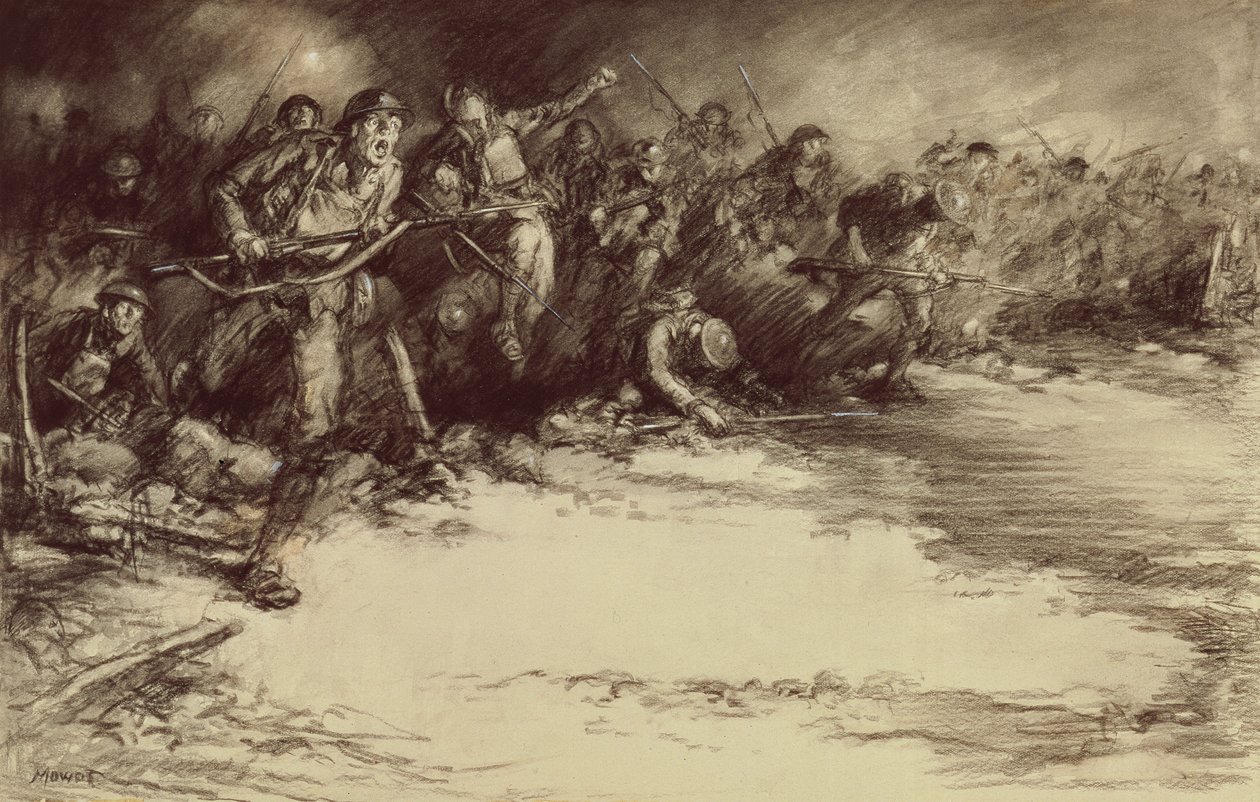 Contraataque, c.1918 (lápiz sobre papel) de Harold James Mowat