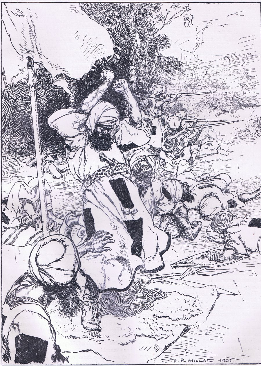 La muerte del Khalifa, ilustración de la Historia de Inglaterra de Cassell, 1900s de Harold Robert Millar