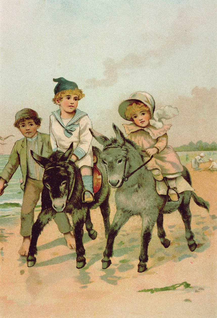 Niños montando burros en la playa de Harriet M. Bennett