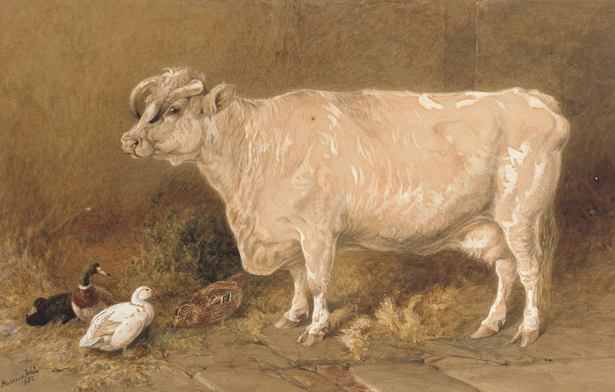 Vaca con patos en un establo de Harrison William Weir