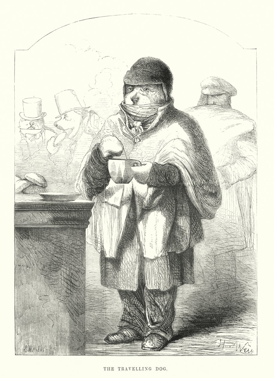 Perros graciosos: El perro viajero (grabado) de Harrison William Weir