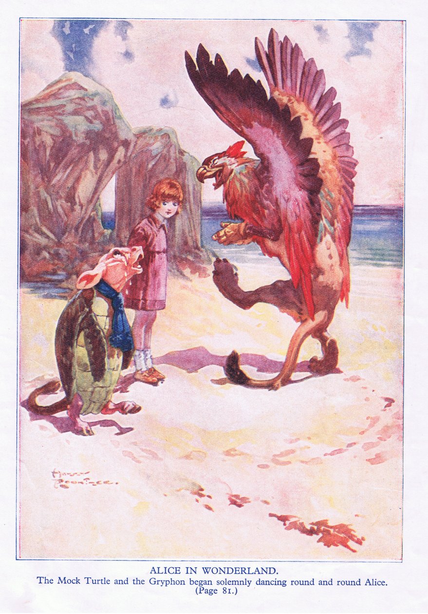 La falsa tortuga y el grifo empezaron a dar vueltas solemnes alrededor de Alicia (litografía en color) de Harry Rountree