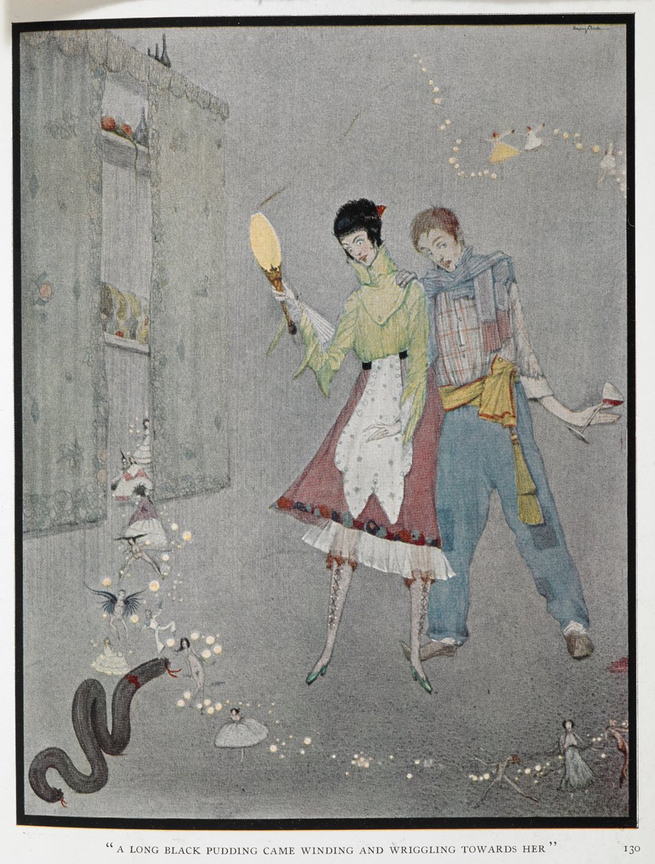 "Una larga morcilla vino serpenteando y retorciéndose hacia ella". Una ilustración para el cuento "Los deseos ridículos". Harry, un leñador, y su mujer, Fanny, acaban de pedir un deseo por error. de Harry Clarke