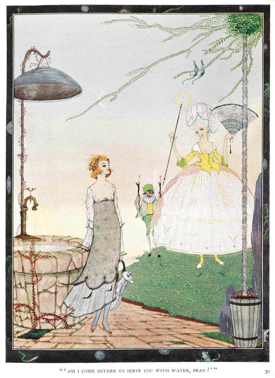 "¿He venido a servirle agua, por favor?" Ilustración para el cuento "el hada". Una joven se encuentra con un hada con la apariencia de una dama bien vestida. de Harry Clarke