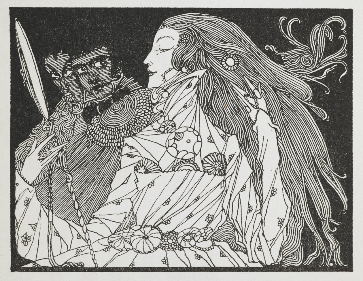 Ilustración para el cuento "Cenicienta". Una mujer mira su reflejo en un espejo de mano. de Harry Clarke