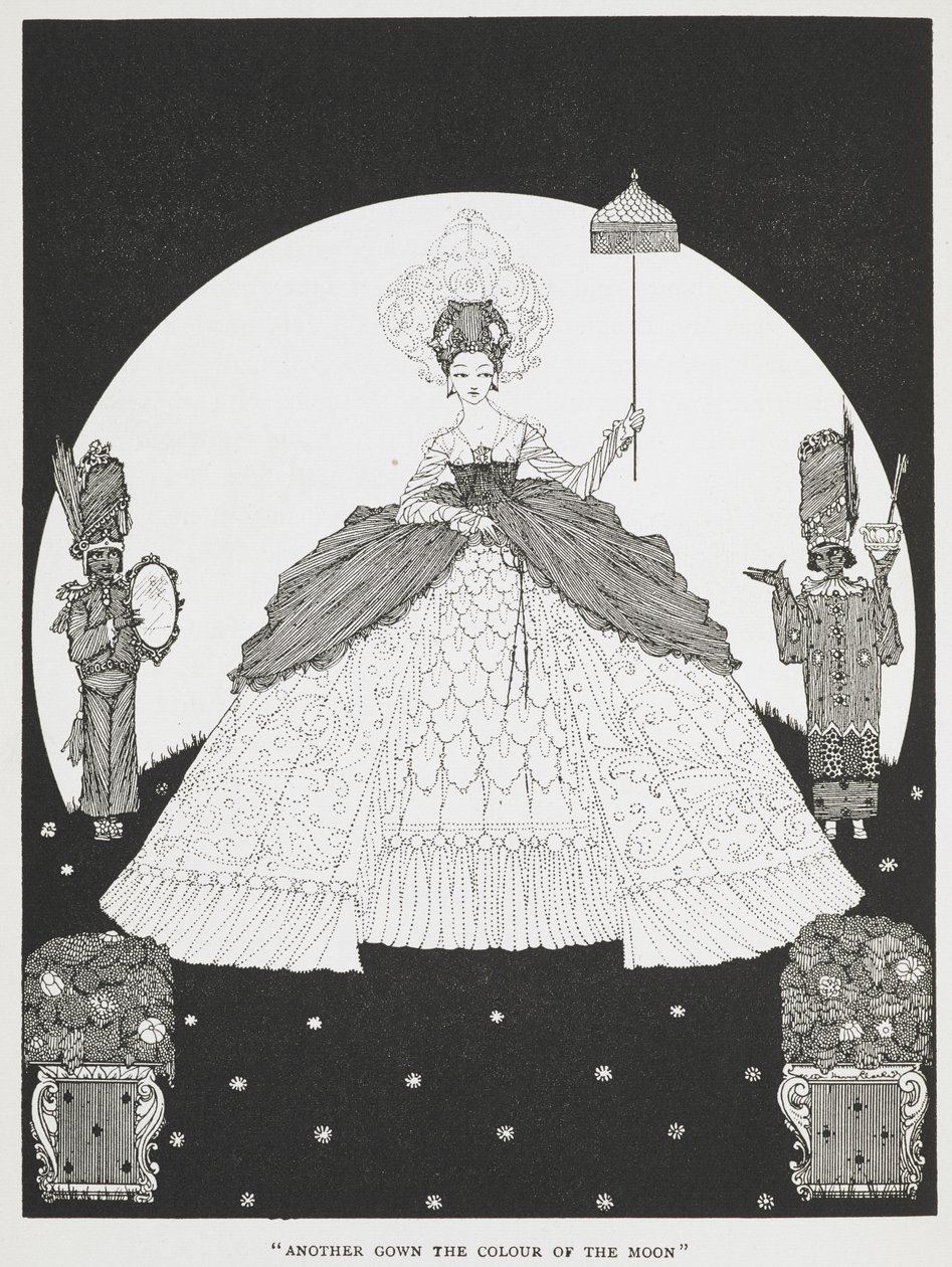 "Otro vestido del color de la luna". Una ilustración para el cuento "Piel de asno". Una bella princesa con una sombrilla en la mano y dos criados a su lado. de Harry Clarke