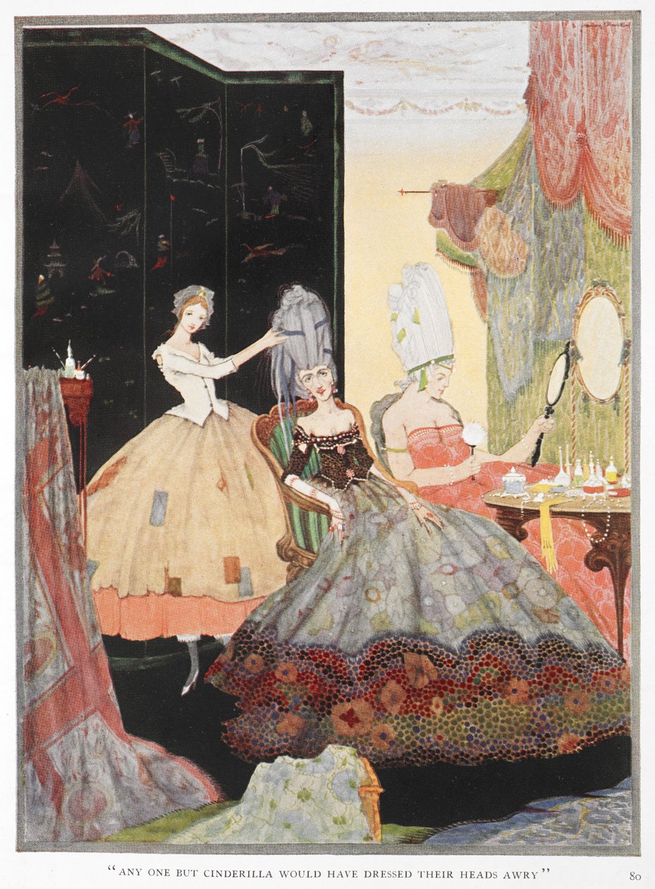 "Cualquiera menos Cenicienta les habría arreglado mal el pelo, pero ella fue muy buena y las vistió perfectamente bien". Cenicienta ayuda a dos de sus hermanas a arreglarse para salir por la noche. de Harry Clarke