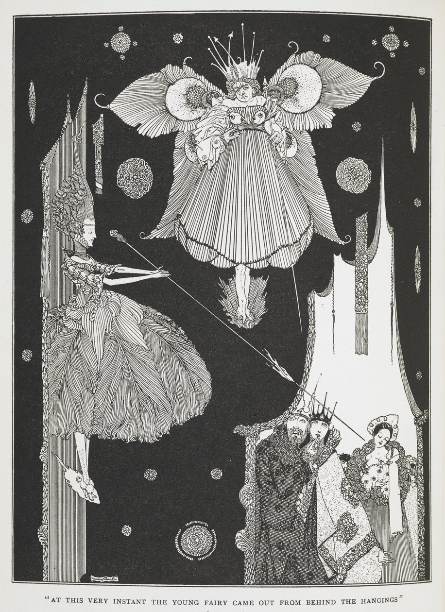 "En ese preciso instante, la joven hada salió de detrás de las colgaduras". Ilustración para el cuento "La Bella Durmiente en el bosque". de Harry Clarke