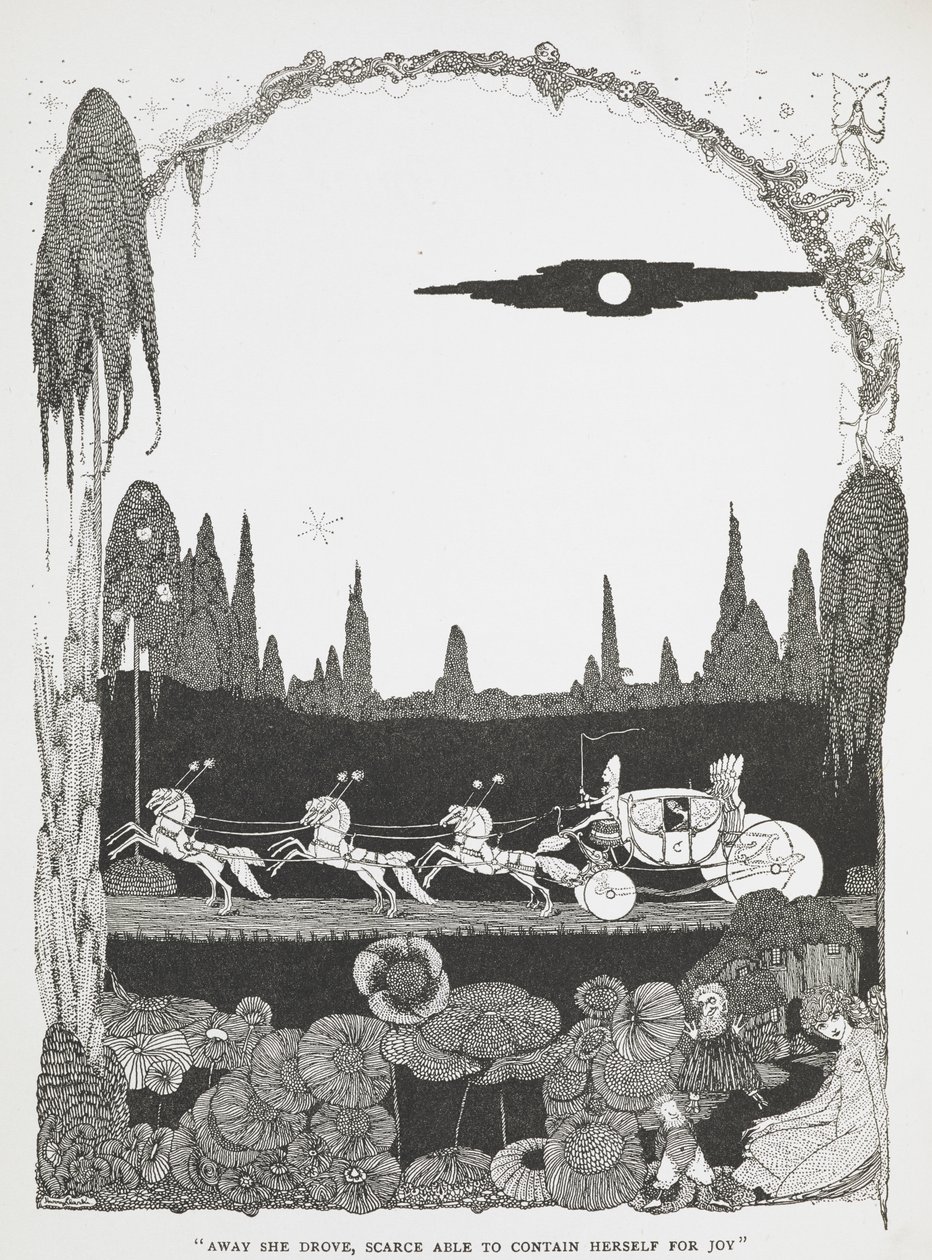 "Se alejó, sin poder contener su alegría". Ilustración para el cuento "Cenicienta o el zapatito de cristal". de Harry Clarke