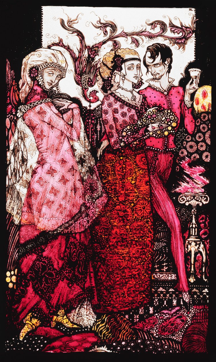 Bert el Pie Grande, cantado por Villon. "Reinas", nueve paneles de vidrio acidado, teñido y pintado, ilustrando el poema de J.M. Synge, 1917 de Harry Clarke
