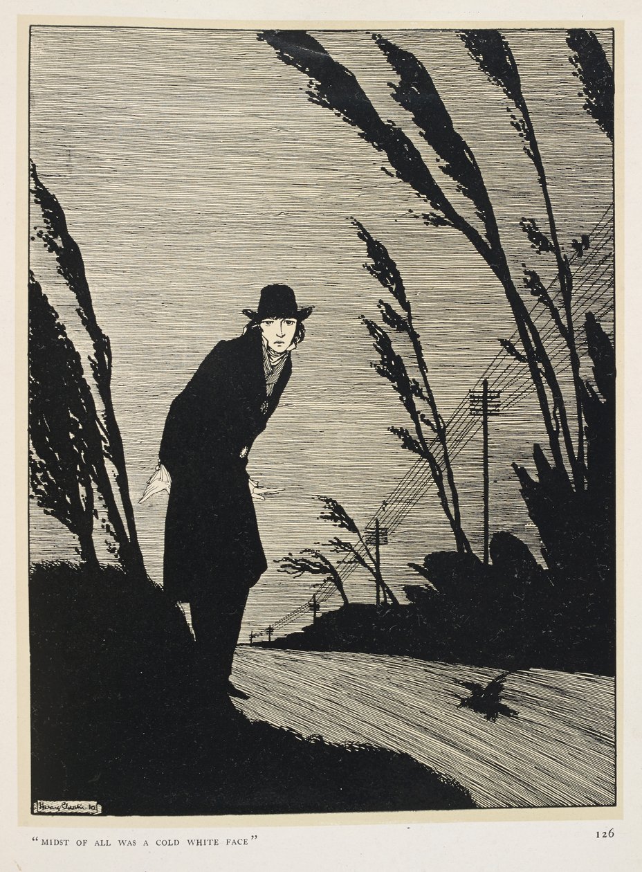 En blanco y negro. En medio de todo había un frío rostro blanco".
Un hombre vestido de negro; una hilera de postes de telégrafo. de Harry Clarke