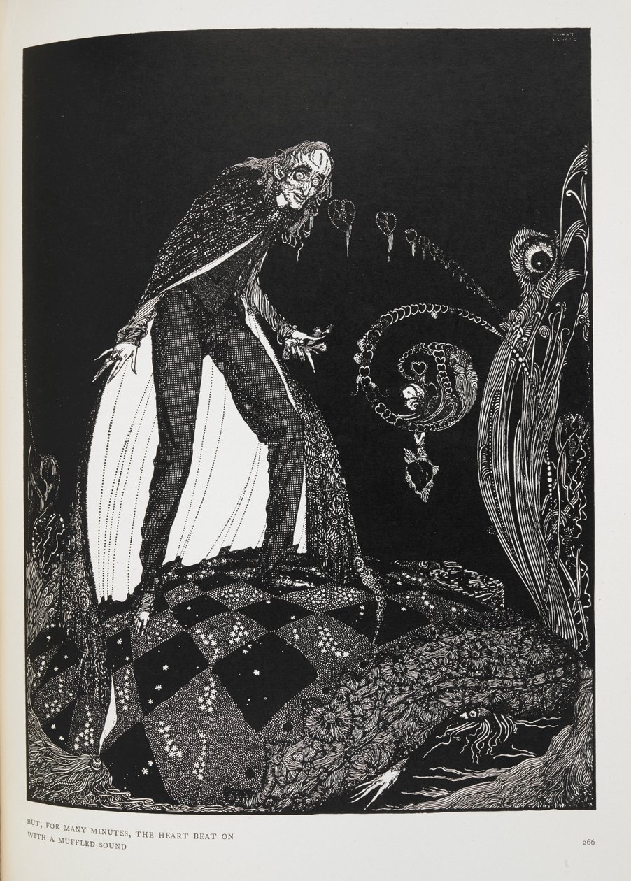Pero, durante muchos minutos, el corazón latió con un sonido apagado". Ilustración del cuento "El corazón delator". El narrador asfixia al anciano con su propia cama. de Harry Clarke
