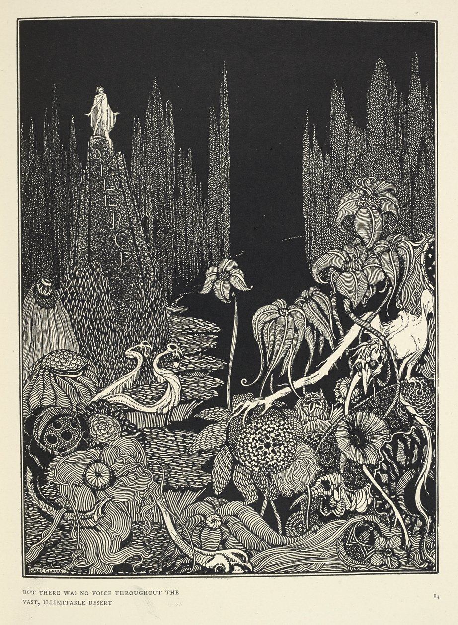 "Pero no había voz en todo el vasto desierto ilimitable". Ilustración para "Silencio - una fábula". de Harry Clarke