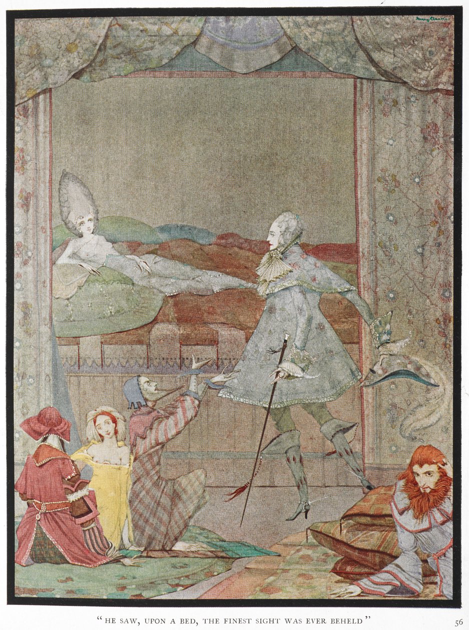"Vio, sobre una cama, el mejor espectáculo que jamás se haya contemplado". El Príncipe viendo a la Princesa, "La Bella Durmiente", sobre su cama. de Harry Clarke