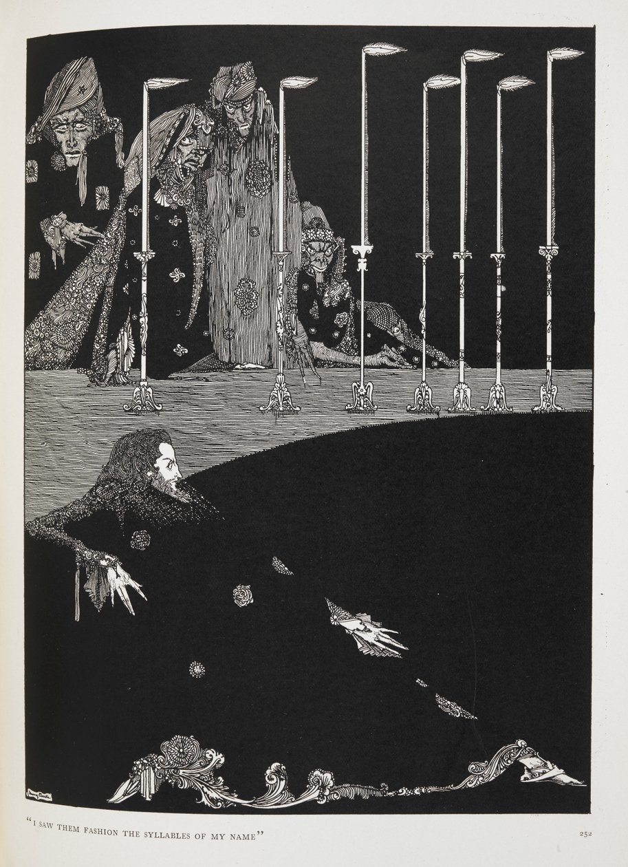 "Les vi formar las sílabas de mi nombre". Ilustración para el cuento "El pozo y el péndulo". de Harry Clarke