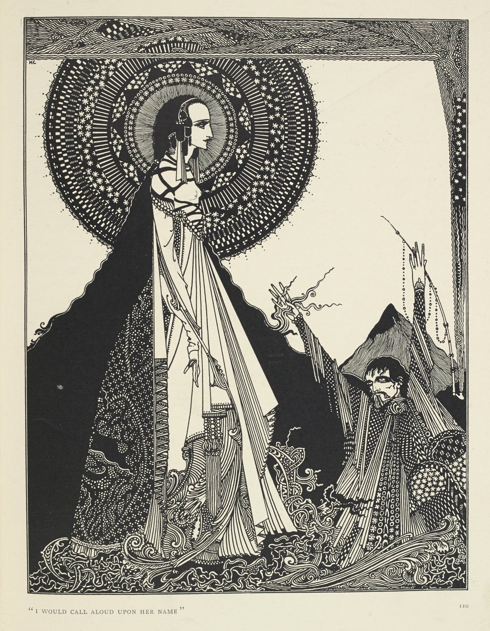 "Invocaría en voz alta su nombre". Ilustración de Ligeia, un relato corto.
"Ligeia" es un cuento de Edgar Allan Poe. La historia sigue a un narrador sin nombre y a su esposa Ligeia, una hermosa e inteligente mujer de pelo negro. Ella cae enferma, compone " de Harry Clarke